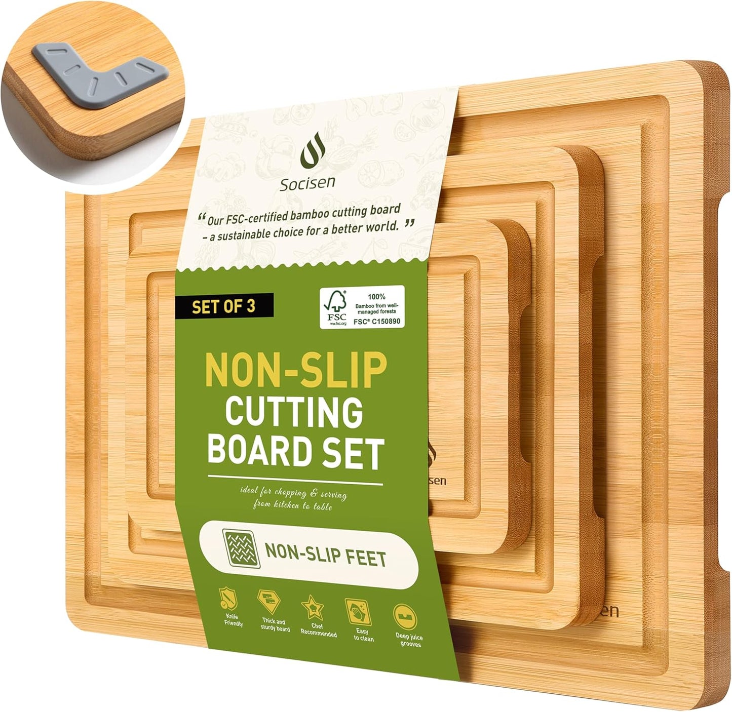 Bamboo Cutting Board Set Non Slip Feet Wood Cutting Boards for Kitchen with Juice Grooves & Built-in Handles, Ideal Charcuterie & Chopping for Meat, Vegetables and Fruits Kitchen Gift for Home Cooks