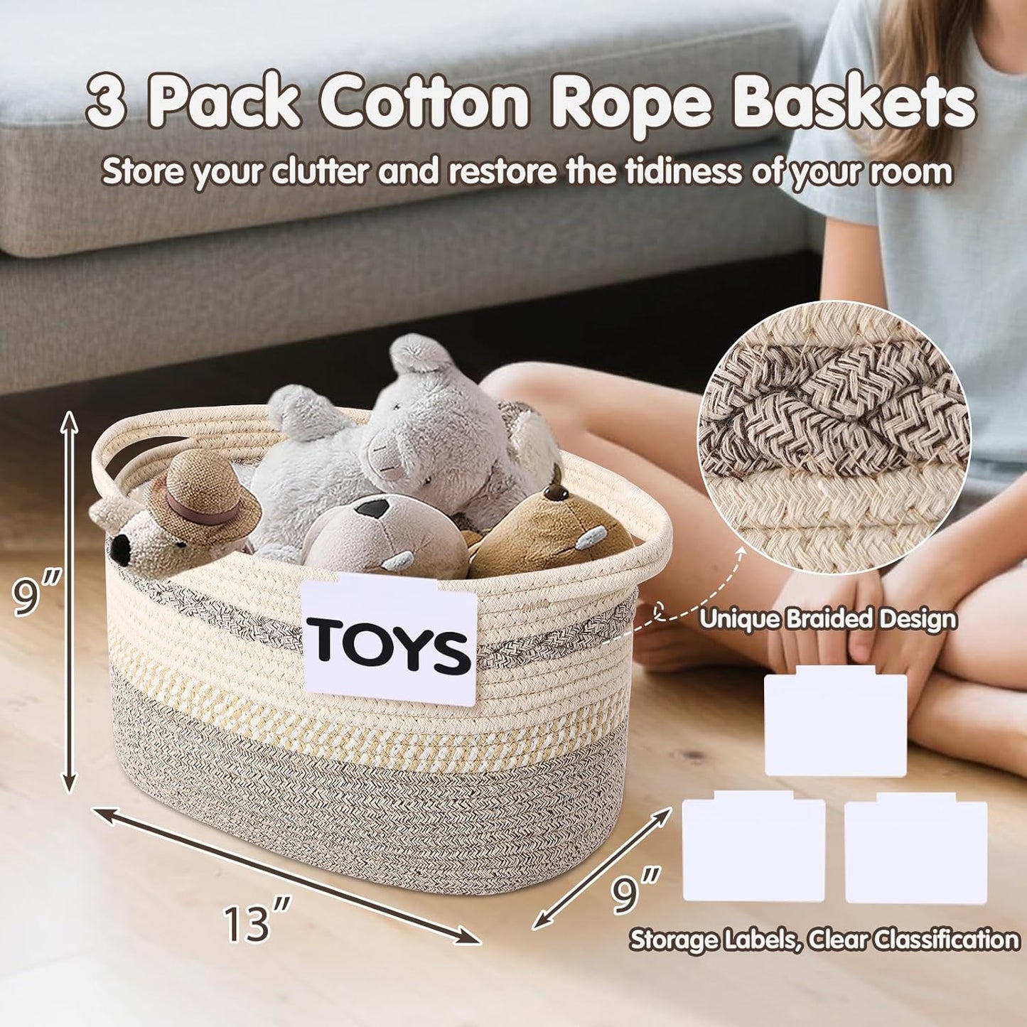 Woven Storage Basket, 3 Pack Brown Rope Basket for Shelves, HandWoven Cotton Rope Basket with Built-in Handles and Labels for Bathroom, Bedroom, Laundry, Pantry, Shelves