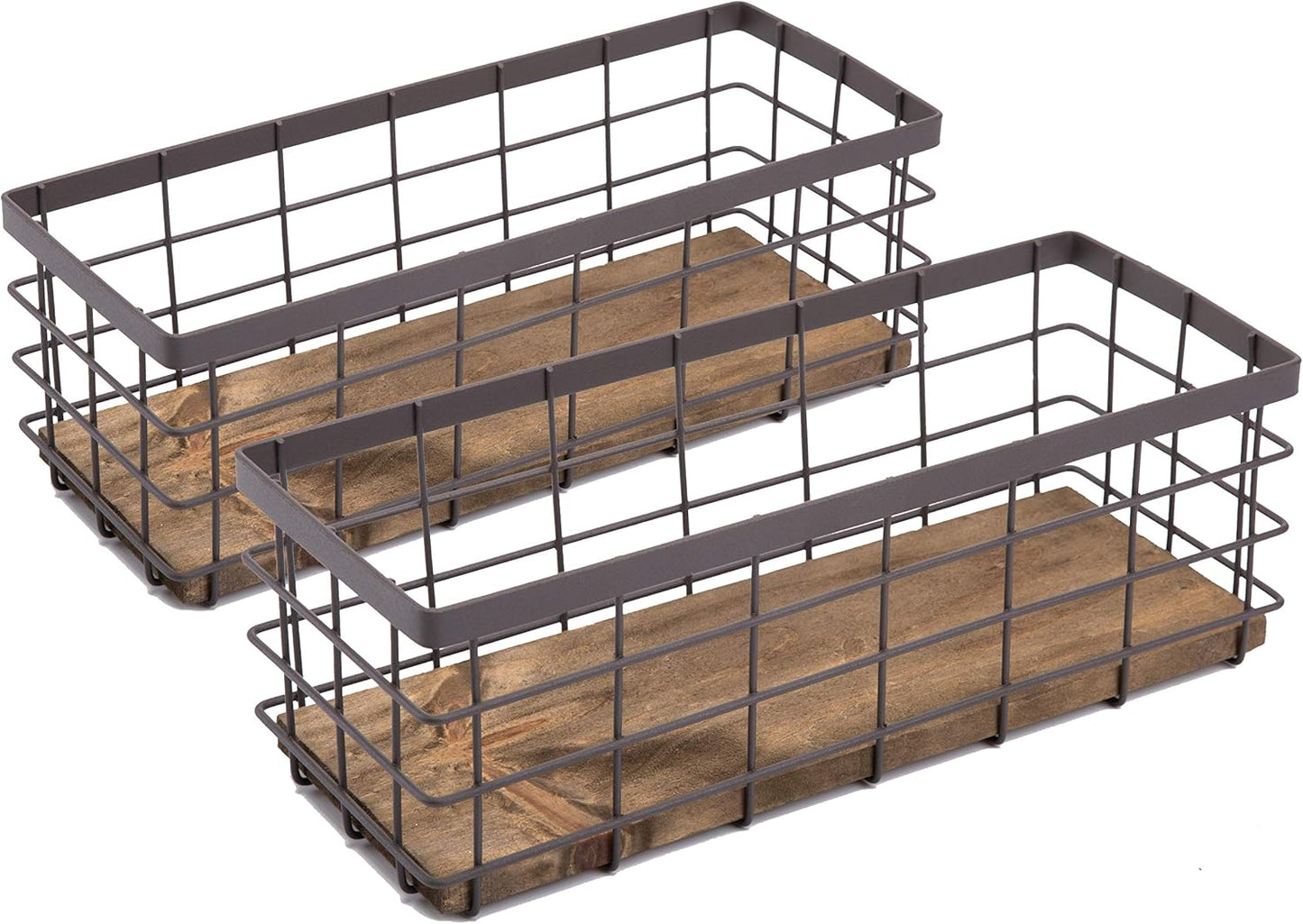 TIEYIPIN Small Metal Wire Storage Basket, Detachable Wood Base Storage Organizer Bin Basket for Kitchen Cabinets, Bathroom, Pantry, Garage, Laundry Room - Brown (2 Pack)