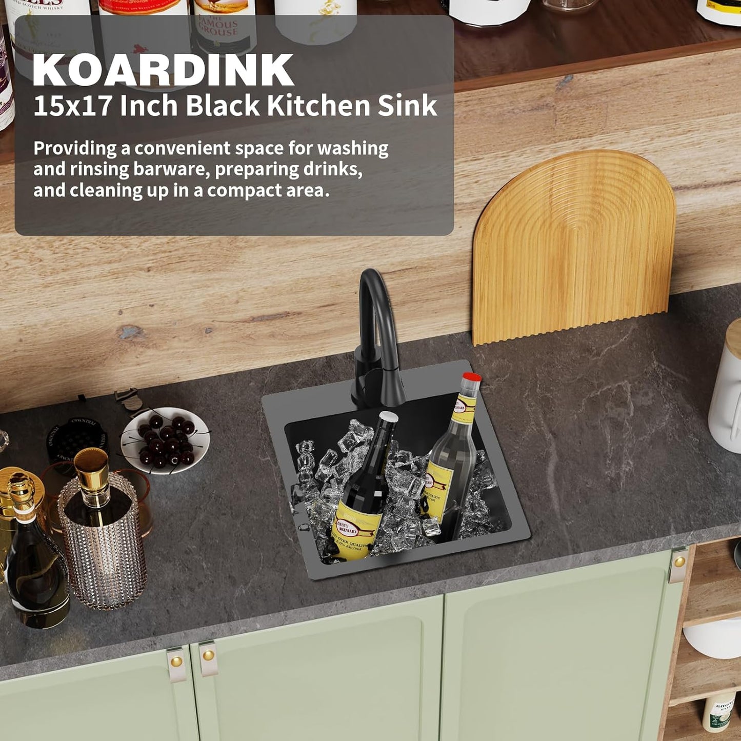 Black Kitchen And Bar Sink, 15x17 Inch Stainless Steel Drop In Kitchen Sink Modern Single Bowl Topmount Bar Sink Combo-Silicon Mat,Drain Strainer Set Compatibility With Various Kitchen & Bar Style