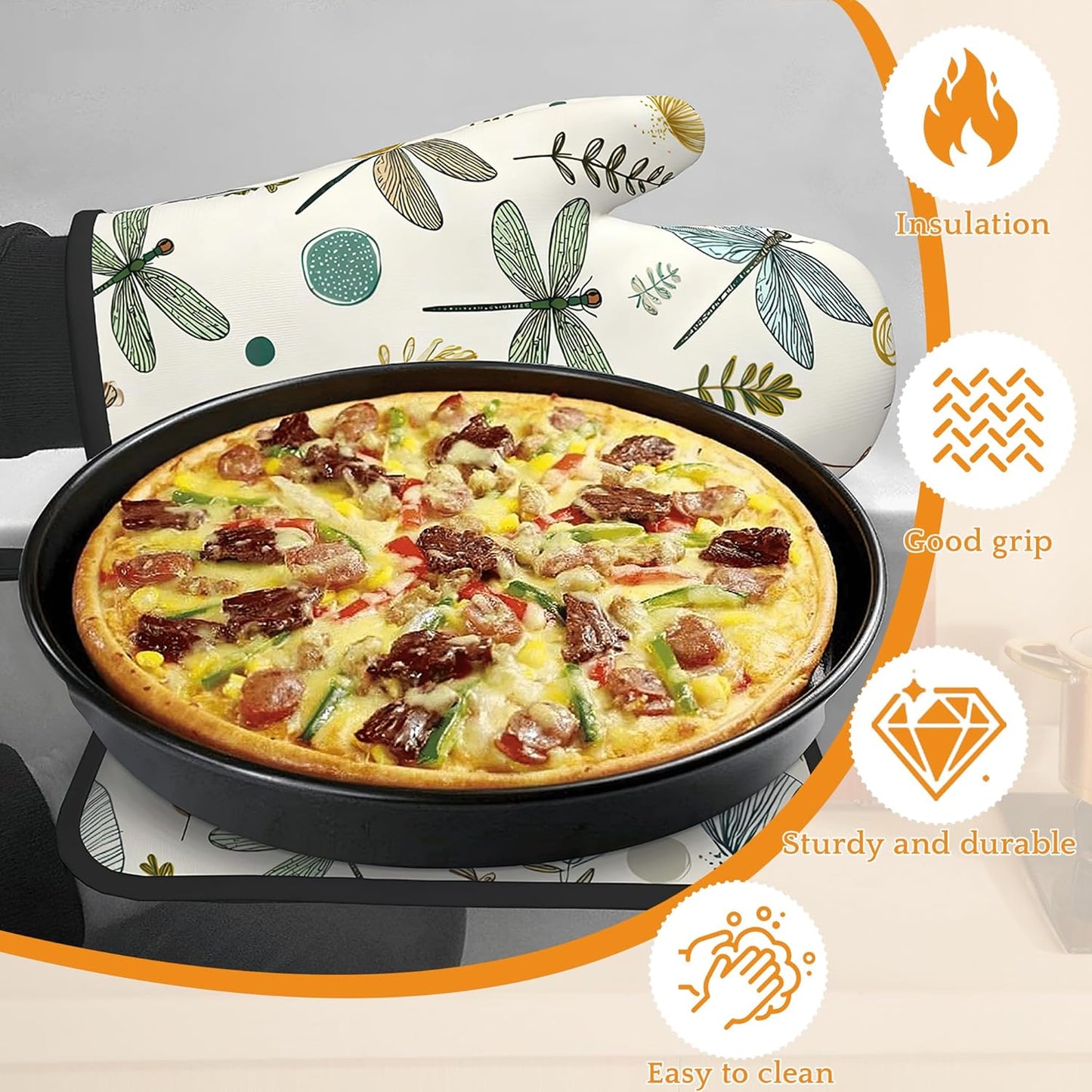 Vintage Dragonfly Oven Mitts and Pot Holders,Boho Heat Resistant Oven Mitts Gloves and Pot Holder for Home Kitchen Decorations Cooking Baking BBQ Gifts,Set of 4