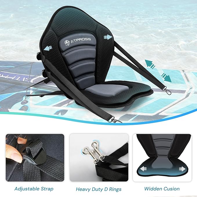 Standard Padded Kayak Canoe Seat Adjustable Backrest with 4 Straps Durable Sit-On-Top Cushion for Kayaking, Rafting & Fishing