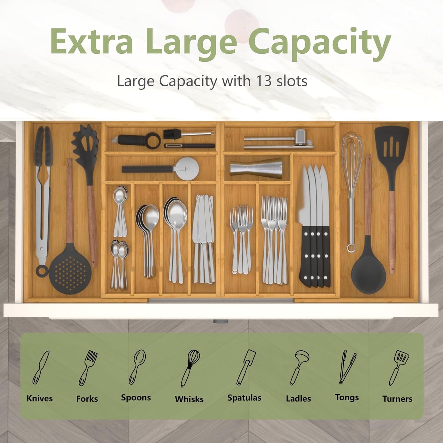 Suli Large Silverware Drawer Organizer，Adjustable Kitchen Flatware for Forks Knives and Spoons， Bamboo Cutlery Utensil Holder,Expandable from 12in-37in，Natural Bamboo