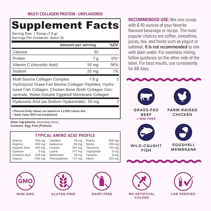 Multi Collagen Peptides Powder for Women - Hydrolyzed Unflavored Collagen Powder for Women with Types I II III V & X Plus Vitamin C & Hyaluronic Acid for Beautiful Hair Skin and Nails - 30 Servings