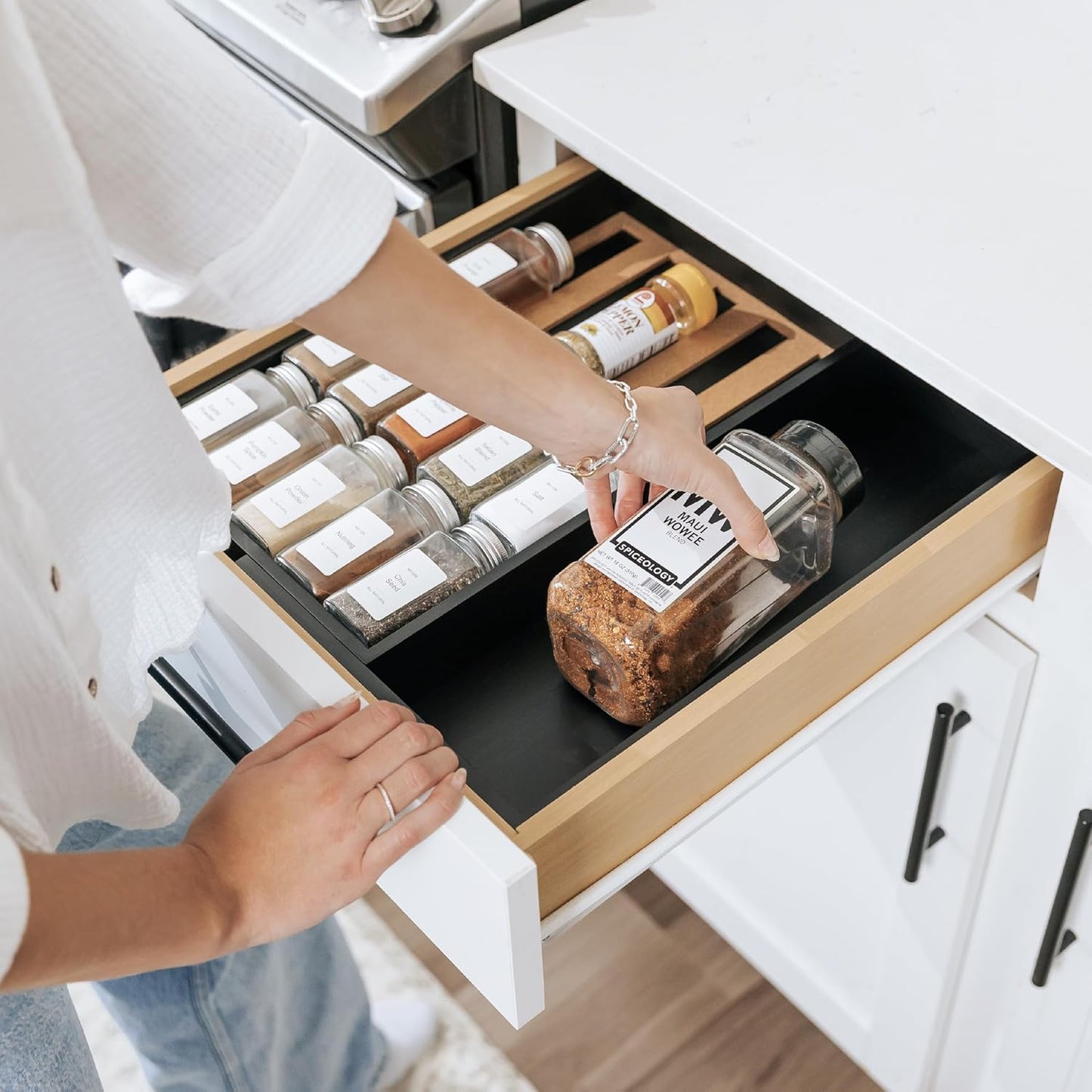 KitchenEdge Spice Drawer Organizer with Expandable Storage. Holds up to 15 Spice Jars (Not Included), Non-Slip Feet, Kitchen Accessory Storage, 100% Sustainable Bamboo Wood, Food-Safe Black Finish