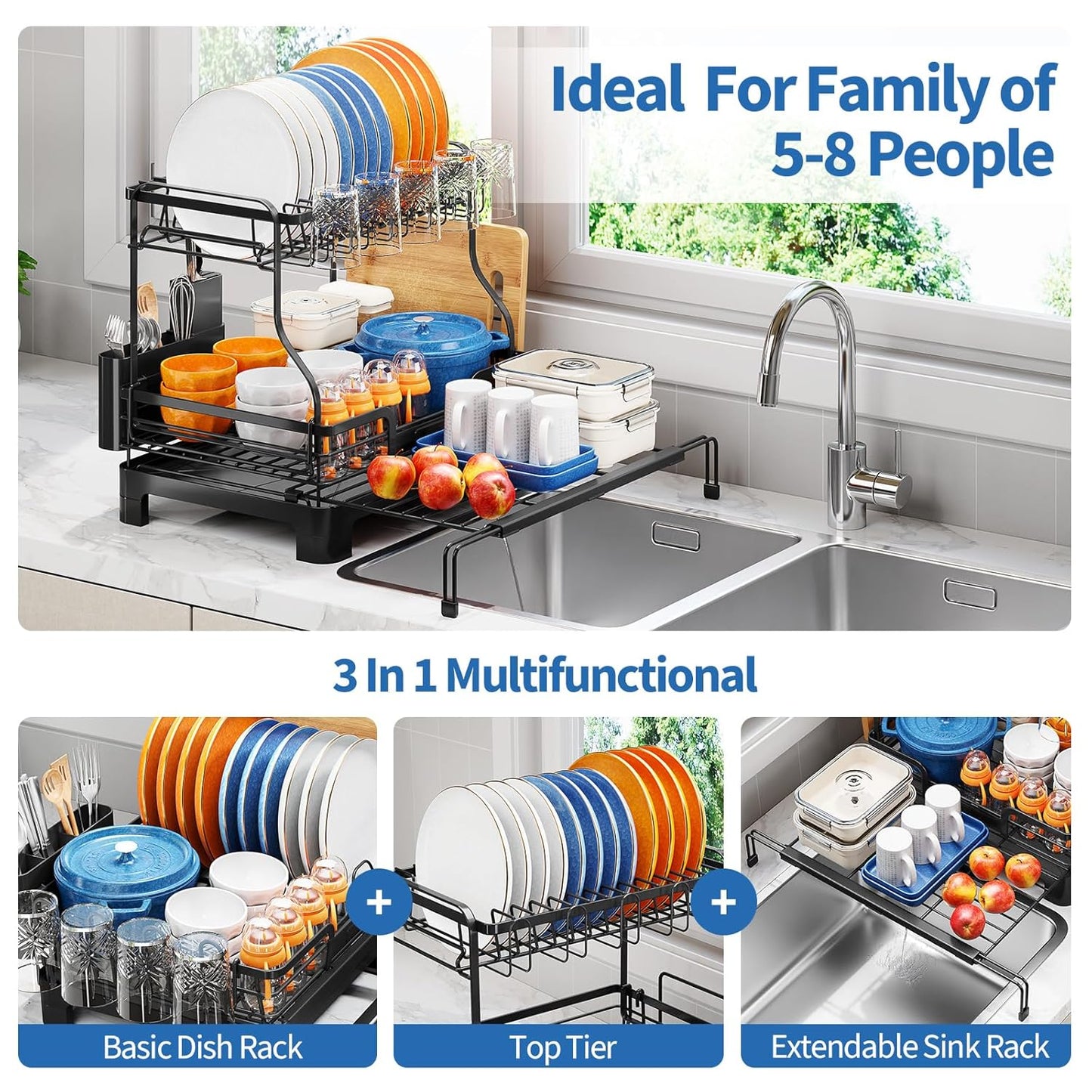 TOOLF Extendable Dish Drying Rack, 2-Tier Dish Rack for Kitchen Counter, Large Expandable Dish Drainer Over Sink, 3 in 1 Multifunction Dish Strainer with Drainboard & Cups Holder, Black