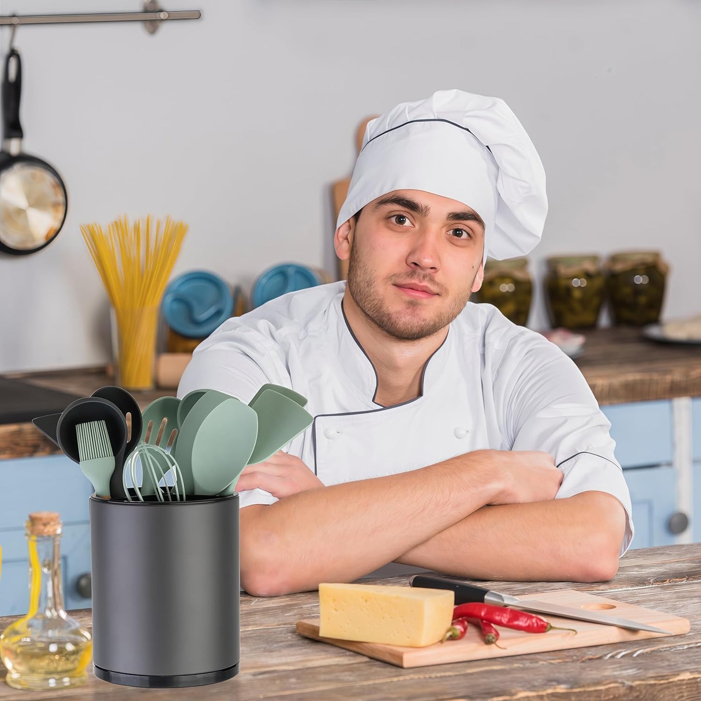 Utensil Holder,4-in-1 Large Kitchen Utensil Holder For Counter,Rotating Silverware Organizer Cooking Flatware Spoon Spatula Tool Cutlery Container Stainless Steel Caddy