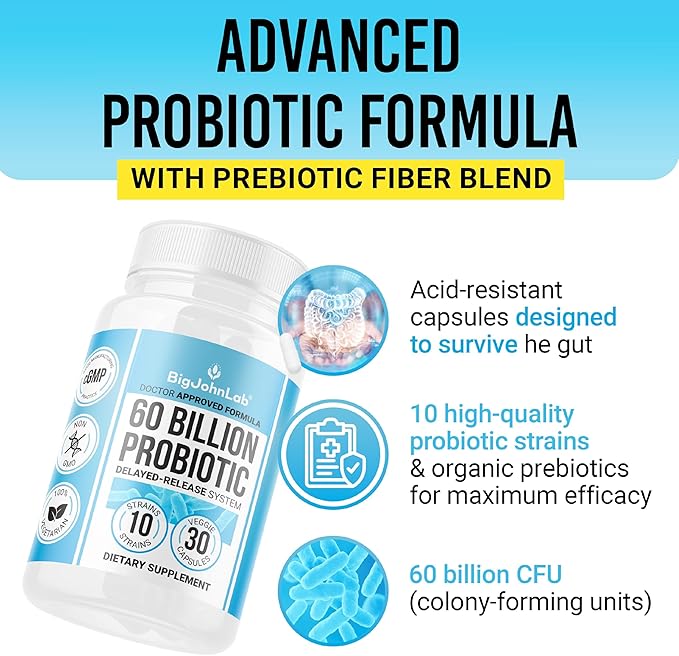 BIGJOHNLAB® Probiotics 60 Billion CFU – 10 Strains + Organic Prebiotics – Immune, Digestive & Gut Health – Supports Occasional Constipation, Diarrhea, Gas & Bloating – for Women & Men – 30ct