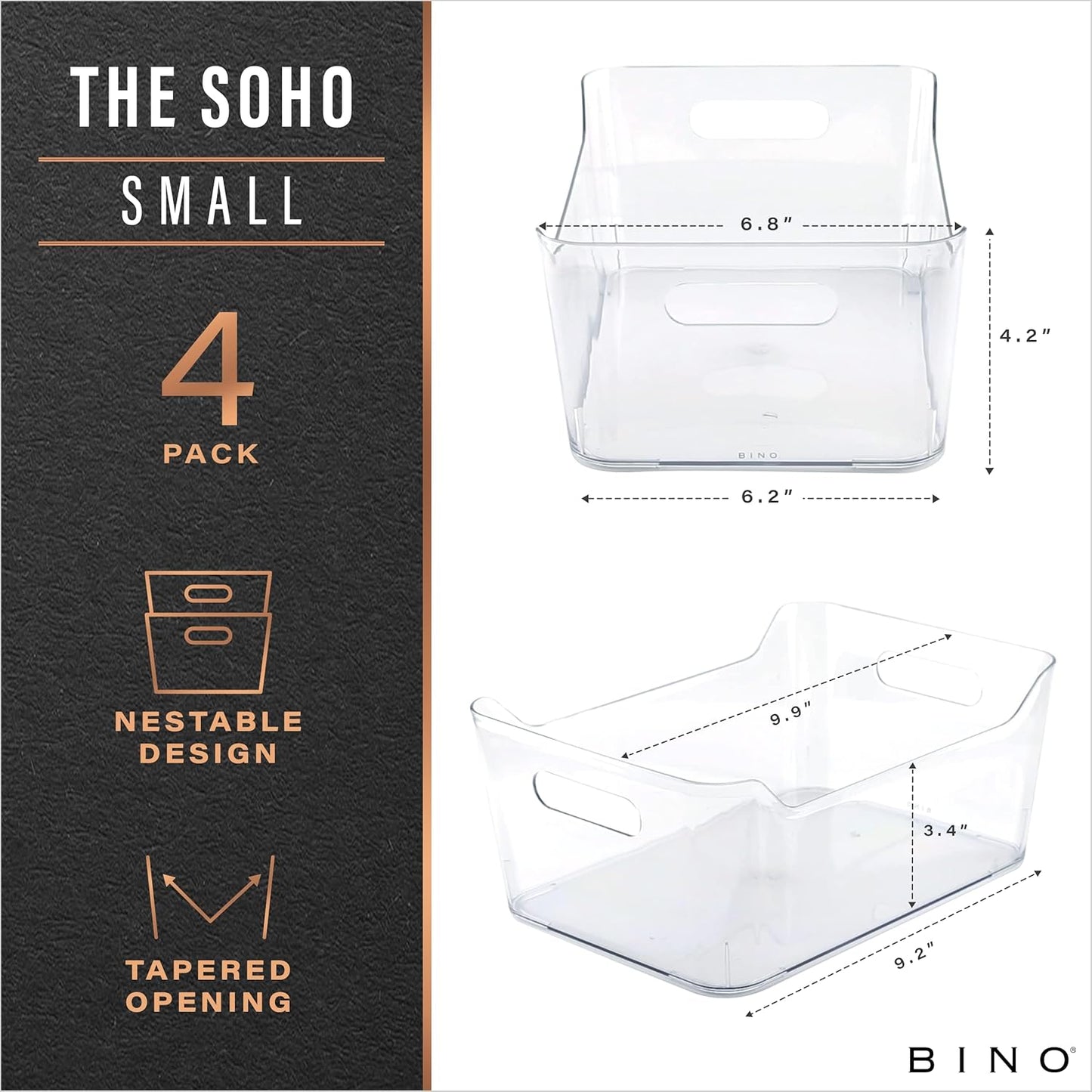 BINO | Plastic Organizer Bins, Small - 4 Pack | The SOHO Collection | Multi-Use Plastic Bin | Pantry & Freezer Organizer Bin | Storage Containers | Bins for Home & Kitchen Org