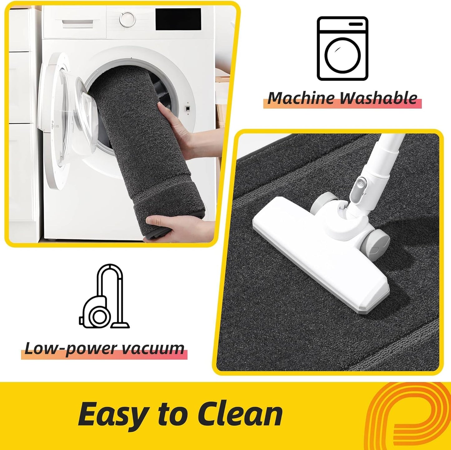 JSEI Non-Slip Kitchen Mats, Self Adhesive No Sliding Kitchen Rugs Set of 2, Washable Absorbent Floor Mat for Kitchen, Bathroom, Laundry Room, Bedroom, 24”x36”+24”x60”, Dark Grey, Rectangular Pattern