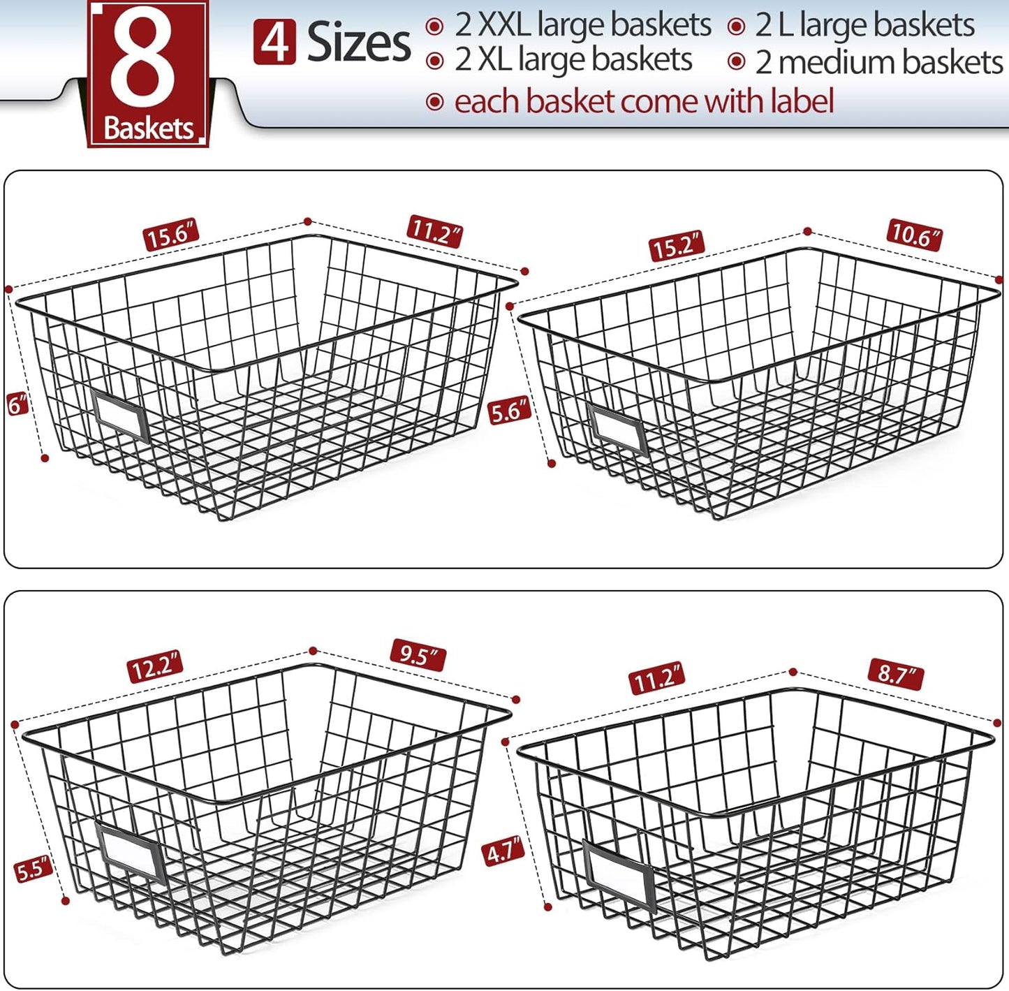 8 Set, Extra Large Wire Baskets for Organizing with Lables, Cabinet Pantry Organization and Storage Bins - Metal Basket for Kitchen, Laundry, Garage, Fridge, Bathroom Countertop Organizer, Black
