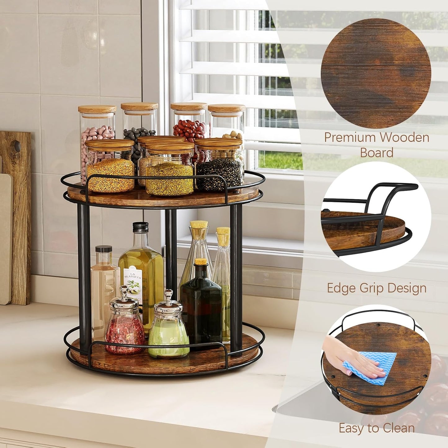 LAMU 12.2'' Wood Lazy Susan Turntable Organizer for Cabinet, 3 Tier Lazy Susan Spice Rack Organizer for Kitchen, Table Top, Countertop, Pantry, Bathroom