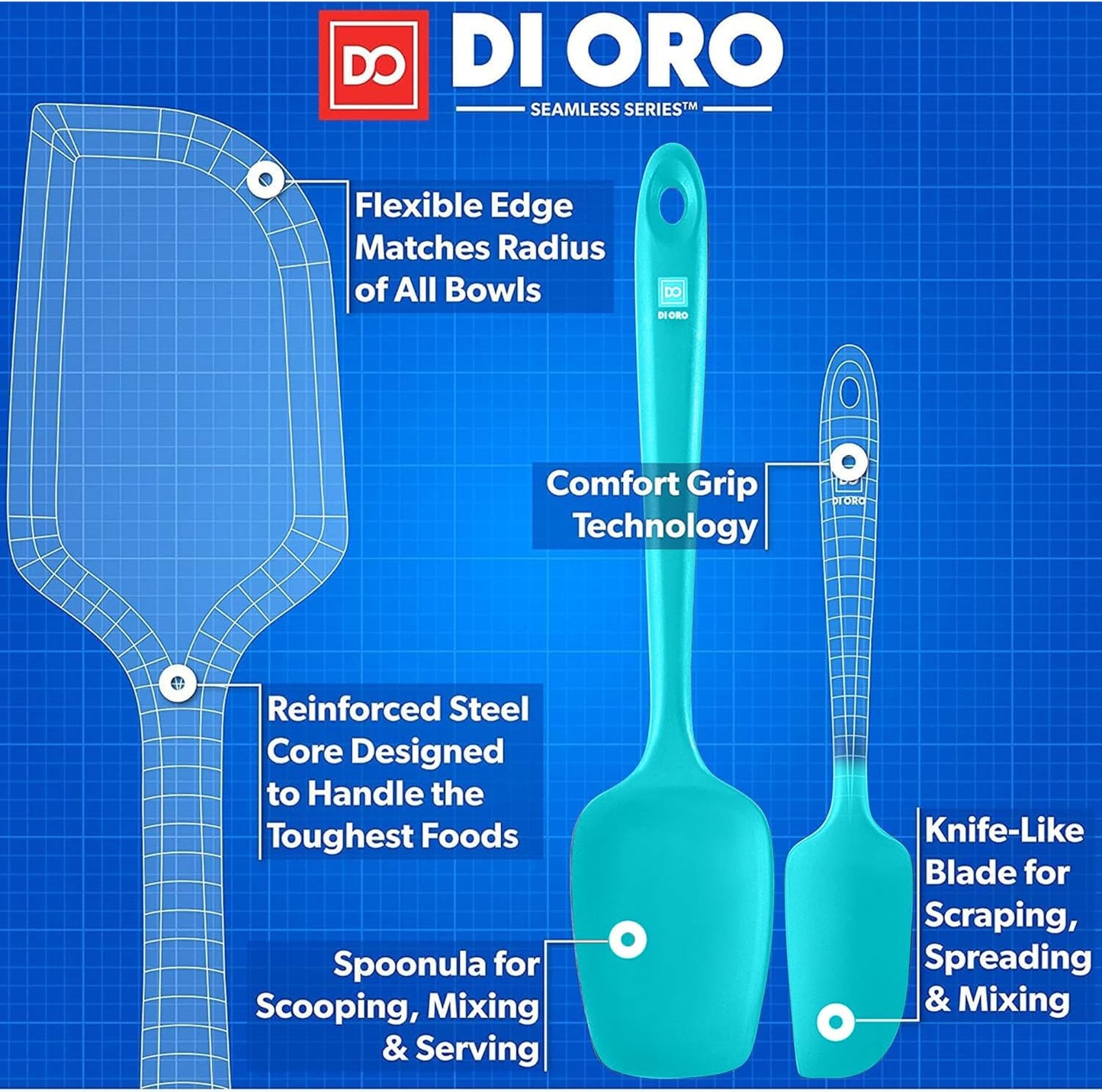 DI ORO Silicone Spatula Set - Rubber Kitchen Spatulas for Baking, Cooking, & Mixing - 600°F Heat-Resistant & BPA Free Silicone Scraper Spatulas for Nonstick Cookware - Dishwasher Safe (5pc, Teal)