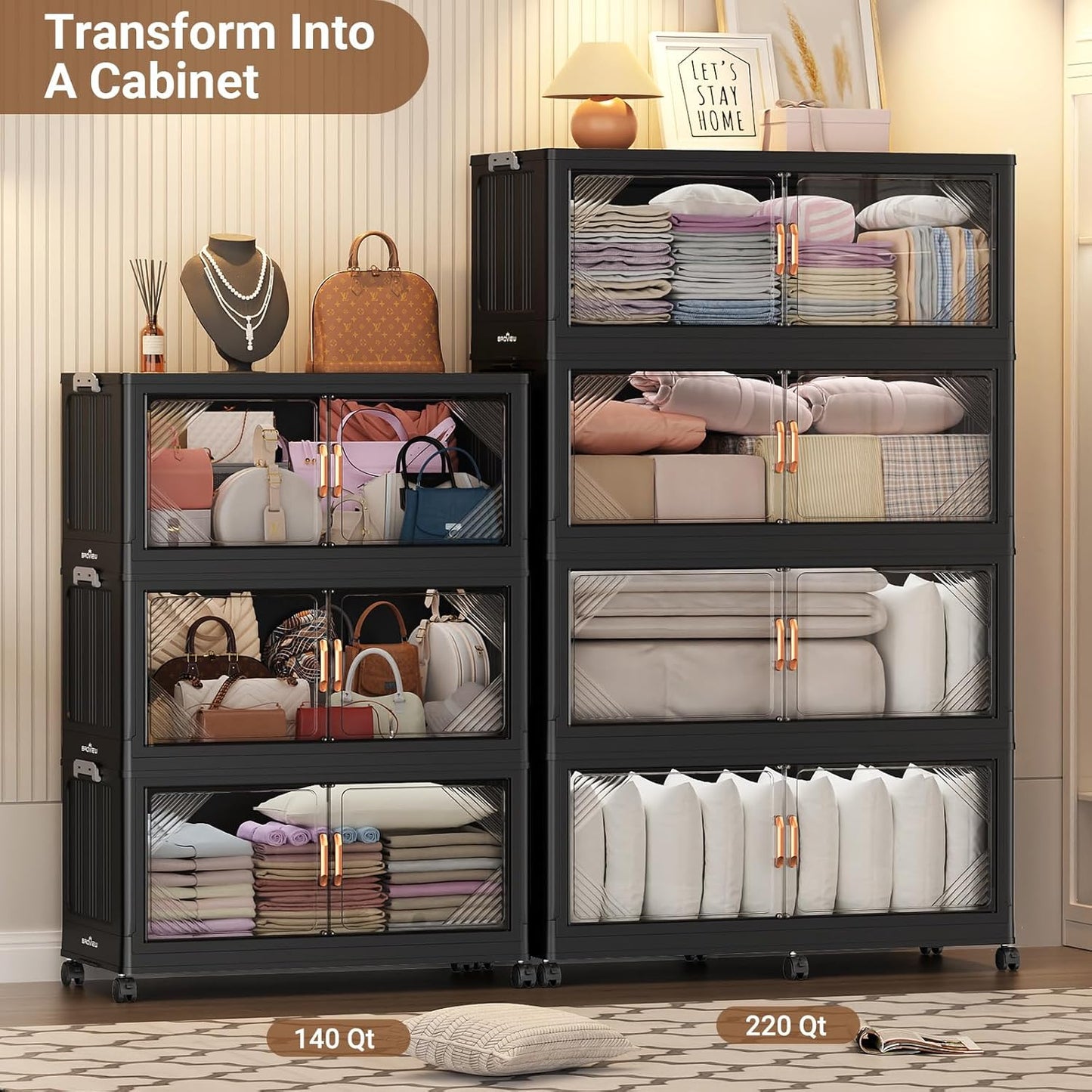 275Gal Plastic Stackable Storage Bins with Lid, 1100QT Extra Large Closet Organizers Collapsible Cabinets Boxes With Drawers, Foldable Containers with 6x Wheels for Home Kitchen, V60 5Pack Black