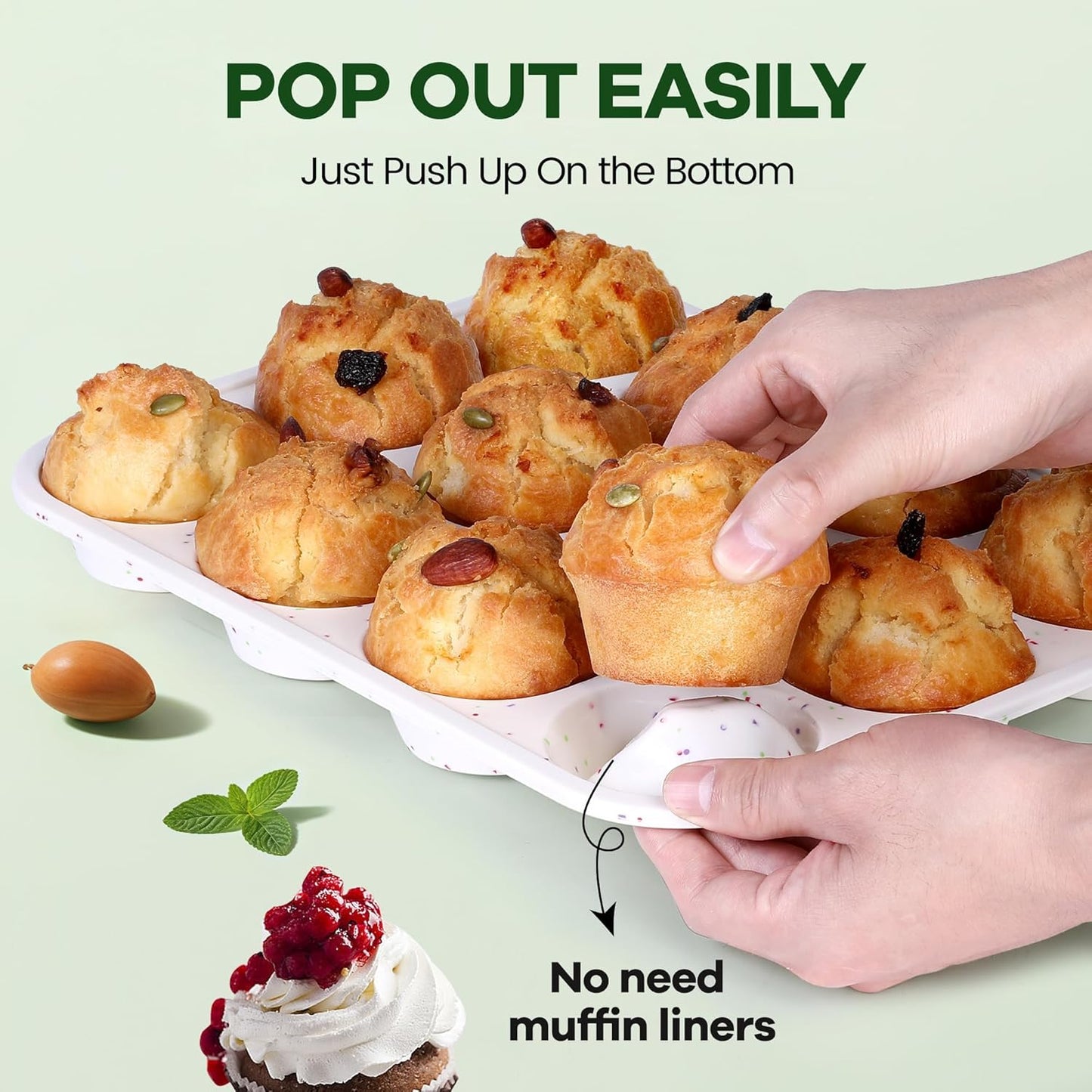 Muffin Pan - 12 Cups Silicone Muffin Pan Non-Stick Food Grade Silicone Cupcake Pan for Muffins,Tart, BPA Free - Standard Cup Size - Diameter 2.8" Depth 1.2" - Set of 2 Cream With Rainbow Dots