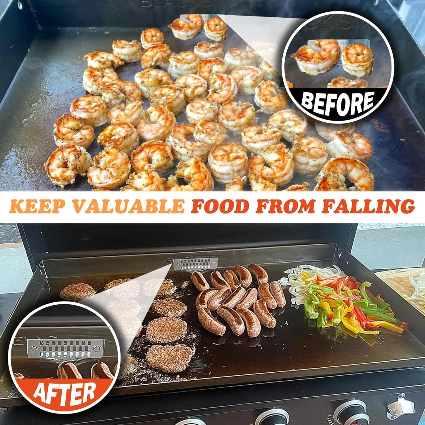 Upgraded Movable Grease Gate for Blackstone Griddle Guard,Block Food from Falling into Rear Grease Trap,Compatible with Blackstone Grill Accessories,Stainless Steel & Magnetic Design,Heat-Resistant