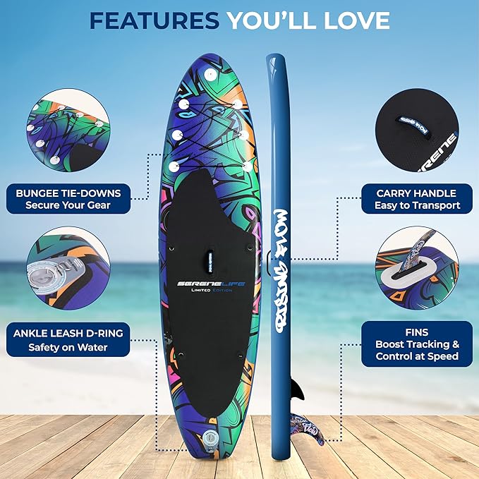 SereneLife Inflatable Stand Up Paddle Board with Premium SUP Accessories – Wide Stable Design with Non-Slip EVA Deck Pad for Adults and Youth of All Skill Levels, 350 lbs Capacity