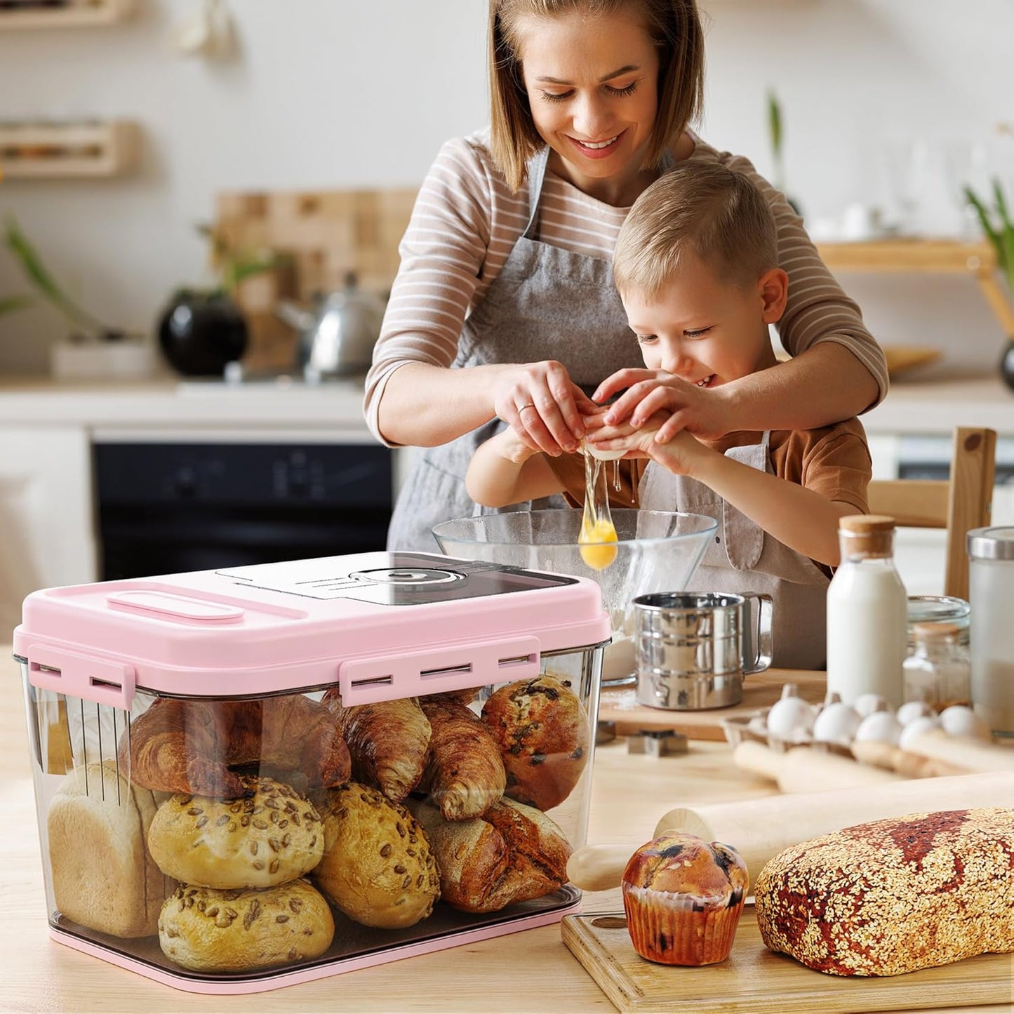 Bread Box, Airtight Braed Storage Container, Bread Box For Kitchen Countertop, Time Recording Bread Storage with Lid, Flip-Top Bread Keeper, Pink