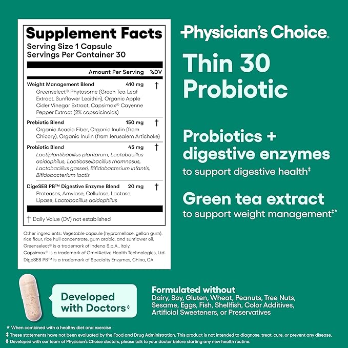 Physician's CHOICE Probiotics for Weight Management & Bloating - 6 Probiotic Strains - Prebiotics - Key ingredient Cayenne - Supports Gut Health - Weight Management for Women & Men - Green Tea - 30 CT
