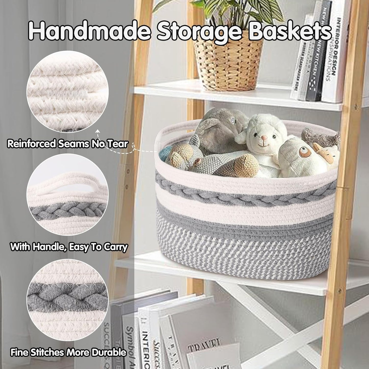 Woven Storage Basket, 3 Pack Grey Rope Basket for Shelves, HandWoven Cotton Rope Basket with Built-in Handles and Labels for Bathroom, Bedroom, Laundry, Pantry, Shelves