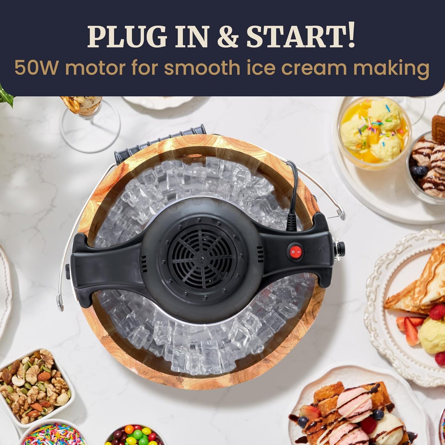 Elite Gourmet EIM916X Old Fashioned 6 Quart Vintage Wood Bucket Electric Ice Cream Maker Machine Appalachian, Bonus Classic Die-Cast Hand Crank for Churning, Uses Ice and Rock Salt