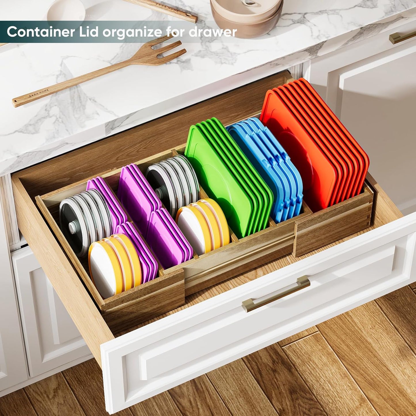 Expandable Lid Organizers Inside Cabinet, Kitchen Cabinet Organizers with 3 Adjustable Dividers, Storage Plastic Lids, Food Container Lid Holder Organizer for Drawer Pantry, Acacia