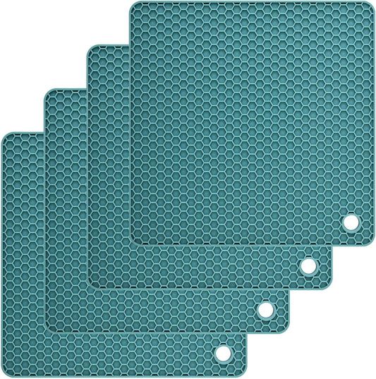 Silicone Trivets for Hot Dishes, Trivet Hot Pads for Kitchen, Trivets for Hot Pots and Pans, Multi Use Silicone Pot Holders Trivet Mat, Heat Resistant Mats for Countertop Set 4 Teal
