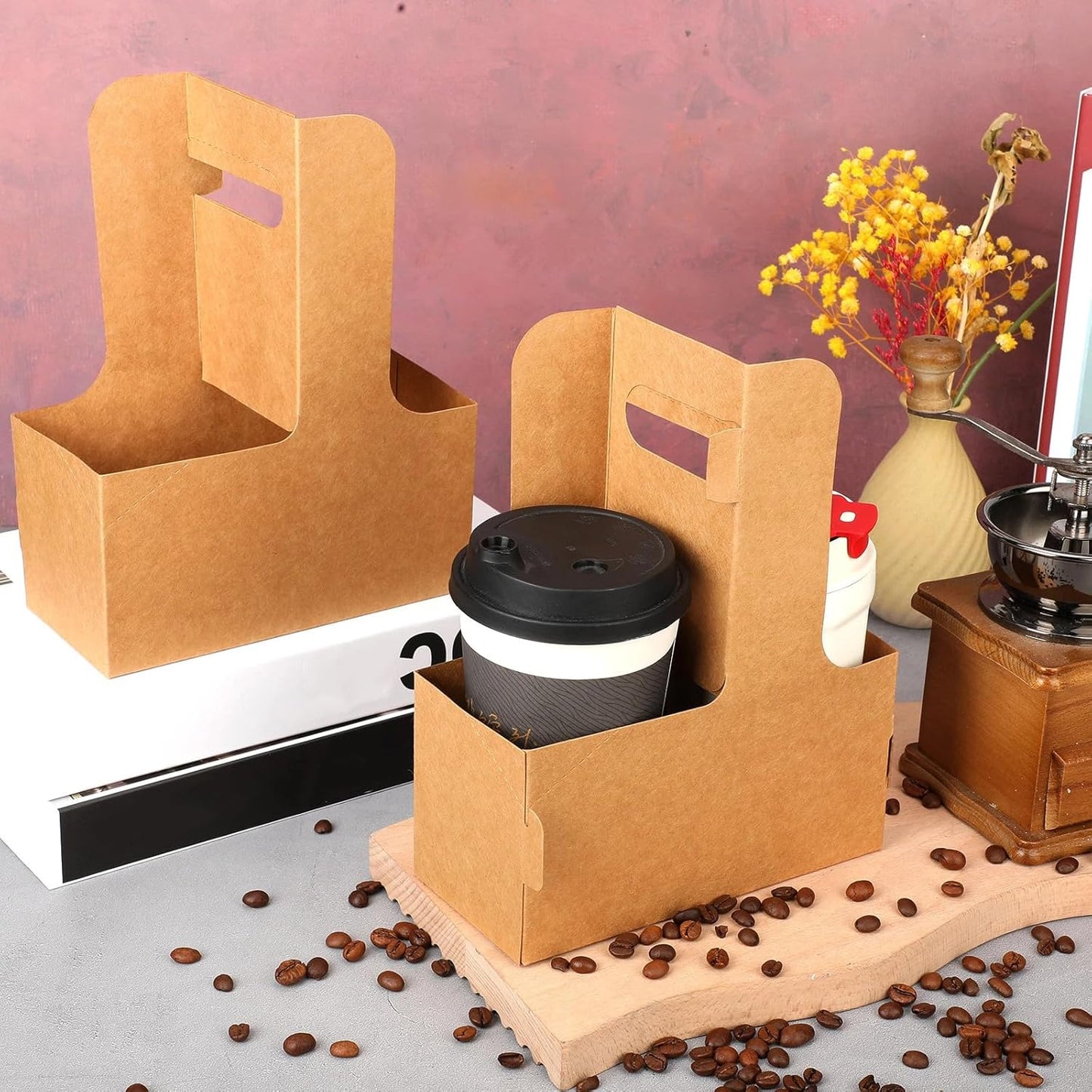 Nuogo 50 Pack 2 Cup Drink Carrier Handled Drink Carrier Holder Disposable Cup Holder Paper Cup with Handle Take Out to Go Coffee for Restaurants Food Delivery