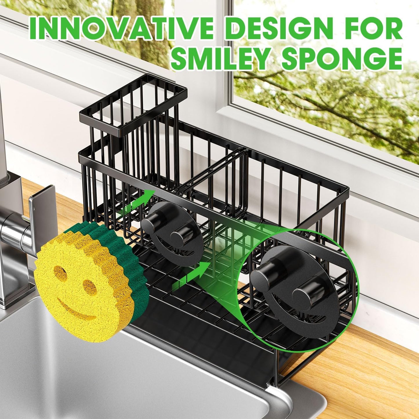 Sponge Holder for Kitchen Sink, 2 Tier Smiley Face Sink Caddy Organizer with High Brush Holder, Self-Draining Sponge Holder for Sinks, Soap Dispenser Organizer, Rustproof 304 Stainless Steel