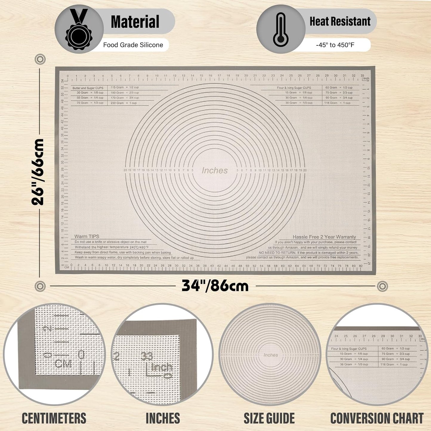 Silicone Pastry Mat 34 X 26 Inch - Nonstick Baking Mat Perfect for Dough, Pastry, Pie Crust, Fondant, Bread, Cookies, Pasta, Pizza