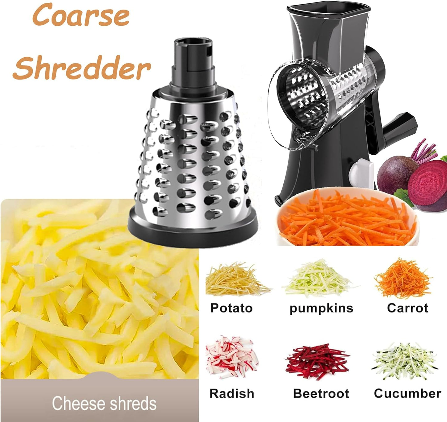 3-in-1 Rotary Cheese Grater Vegetable Slicer, 3 Interchangeable Blades Food Shredder with Anti-Slip Reinforced Suction Base, Kitchen Mandoline Chopper (Black)
