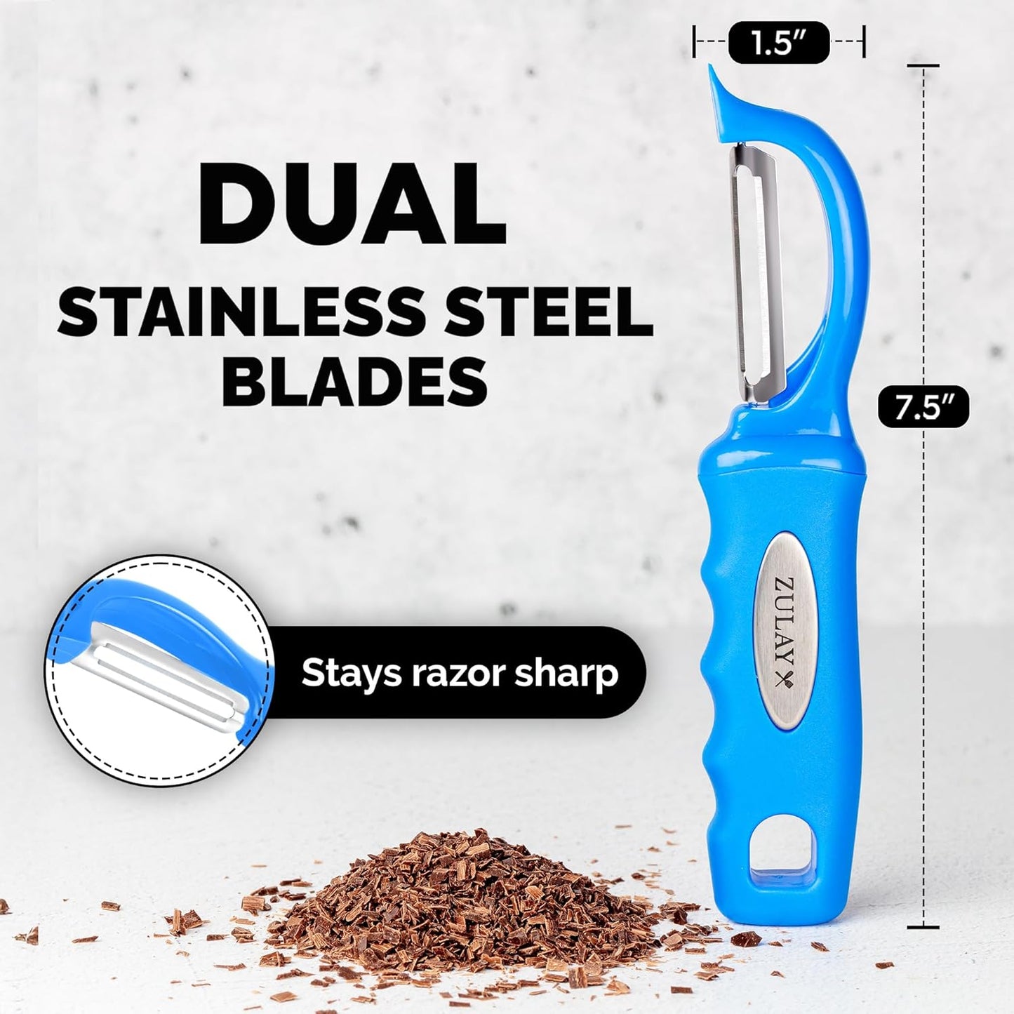 Zulay Kitchen Premium Vegetable Peeler for Kitchen - Swivel Peeler with Razor Sharp Stainless Steel Blades & Strong Ergonomic Handle - Dishwasher Safe, Easy To Use with Blemish Remover - Blue