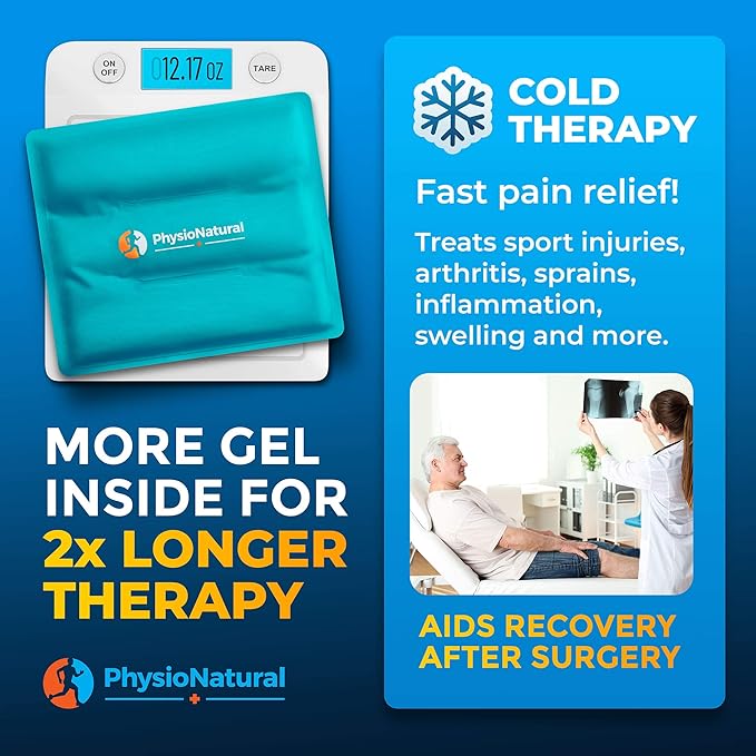 PhysioNatural Ice Pack for Knee Pain Relief, Reusable Gel Ice Wrap for Leg Injuries, Swelling, Knee Replacement Surgery, Cold Compress Therapy for Arthritis, Meniscus Tear and ACL