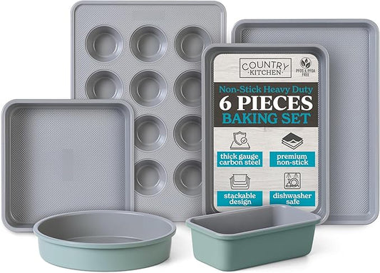 Country Kitchen Nonstick Stackable Bakeware Set - Durable, Easy Release Baking Set, Sage, 6 Pcs