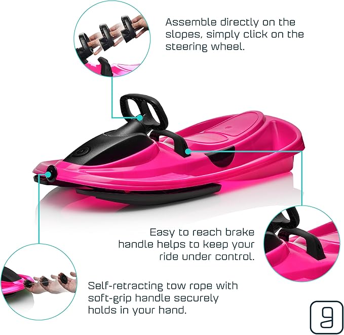 Snow Sled for Kids, Adults - Toboggan Sled, Easy Turning Steering Wheel, Anti-Slip Seat, Pull Up Brake, Durable Plastic Sled, Lightweight, Snow Sleds, Age 3+ 260 lbs