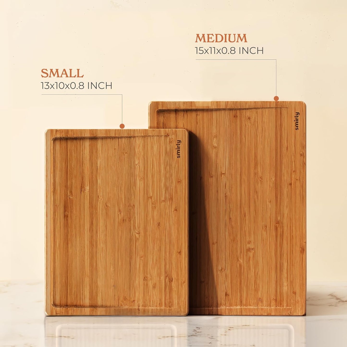 SMIRLY Bamboo Cutting Boards, Brown Bamboo Wood Cutting Board for Kitchen, Set of 2 Medium -Small & Deep Juice Groove, Butcher Block for Chopping Meat, Charcuterie Cheese Tray, Kitchen Gadgets