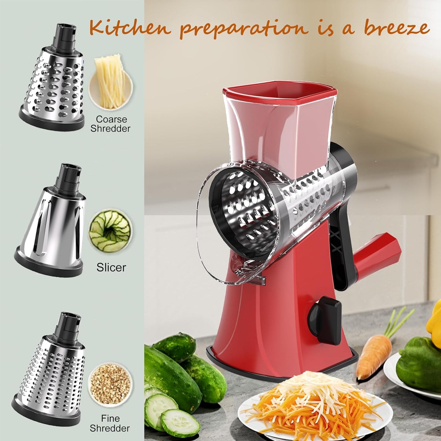 3-in-1 Rotary Cheese Grater Vegetable Slicer, 3 Interchangeable Blades Food Shredder with Anti-Slip Reinforced Suction Base, Kitchen Mandoline Chopper (Red)