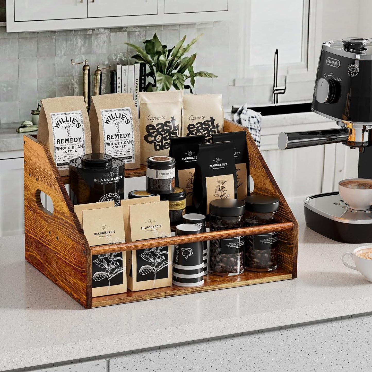 3 Tier Wood Liquor Bottle Display Shelf, Coffee Syrup Organizer Rack, Wine Racks Countertop, Bar Shelf for Vodka Tequila Whiskey, Liquor Cabinet for Home Decor, Mini Bar, Black Bar Organizer