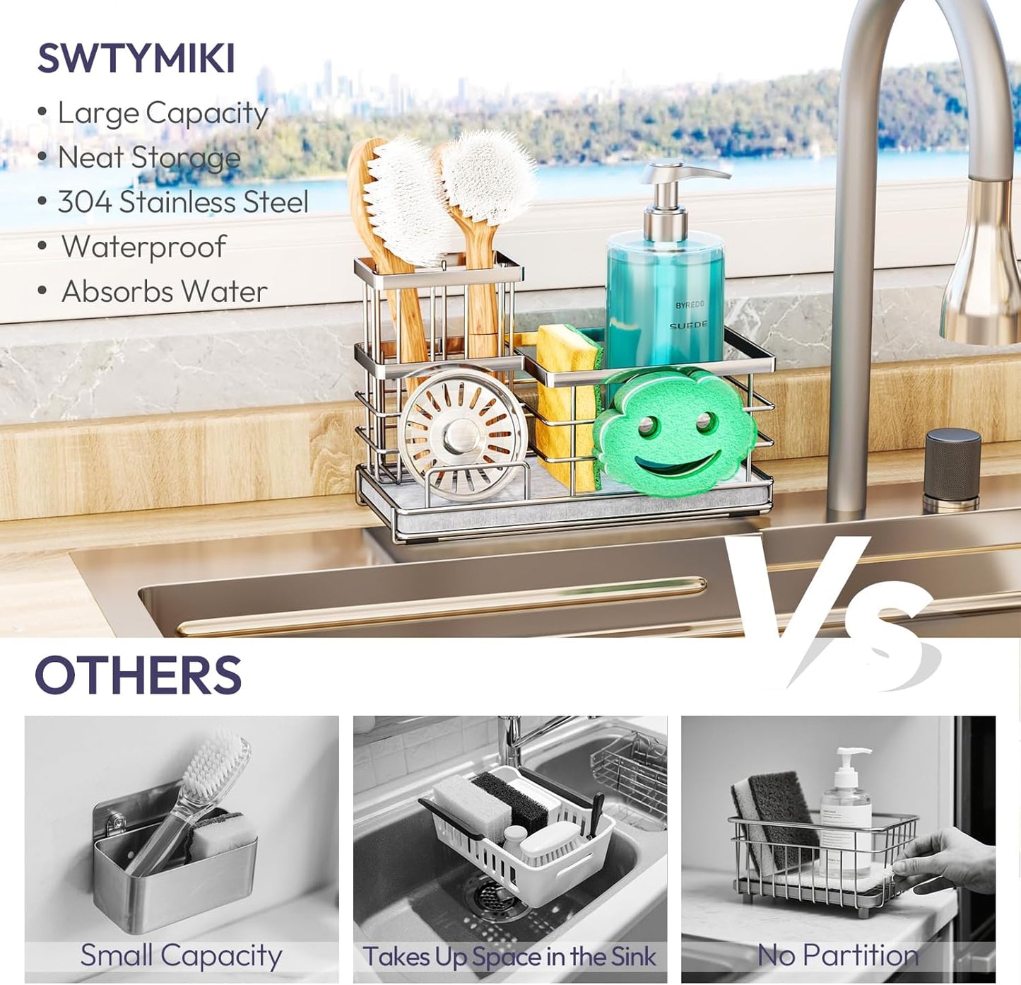 SWTYMIKI Kitchen Sink Caddy Organizer, Smiley Face Sponge Holder for Kitchen Sink, Instant Drying Sponge Holder with High Dish Brush Holder Organizer for Countertop, Silver
