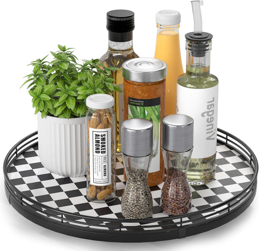 Black and White Kitchen Lazy Susan Turntable – Checkered Round Decorative Tray, 13” Table Top Oak Wood Lazy Susan for Cookies, Dining Table Organizer, Small Kitchen Table Centerpiece