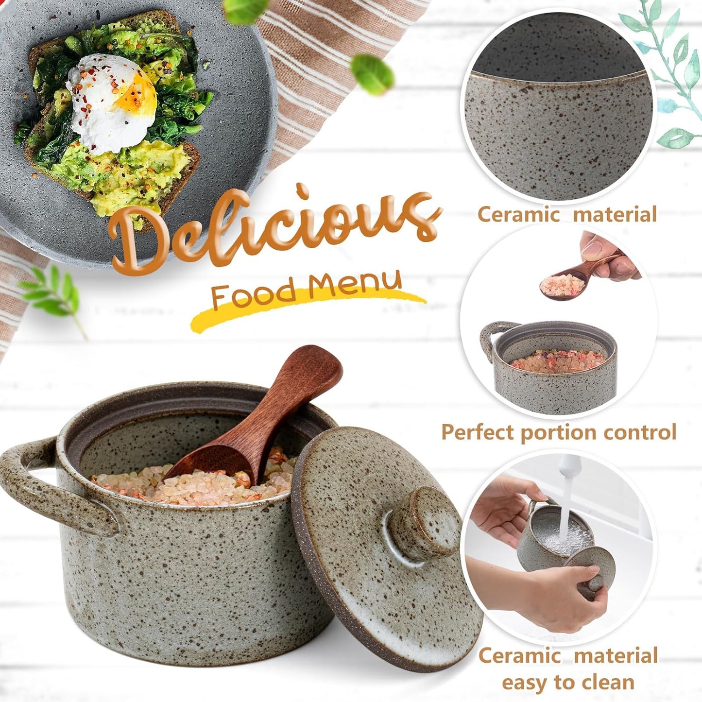 Honeydak Speckled Ceramic Salt Cellar with Lid and Wooden Spoon, Rustic Farmhouse Salt Pepper Cellar Holder for Housewarming Gift, Heavyweight Spices Jar for Kosher, Sea, Sugar