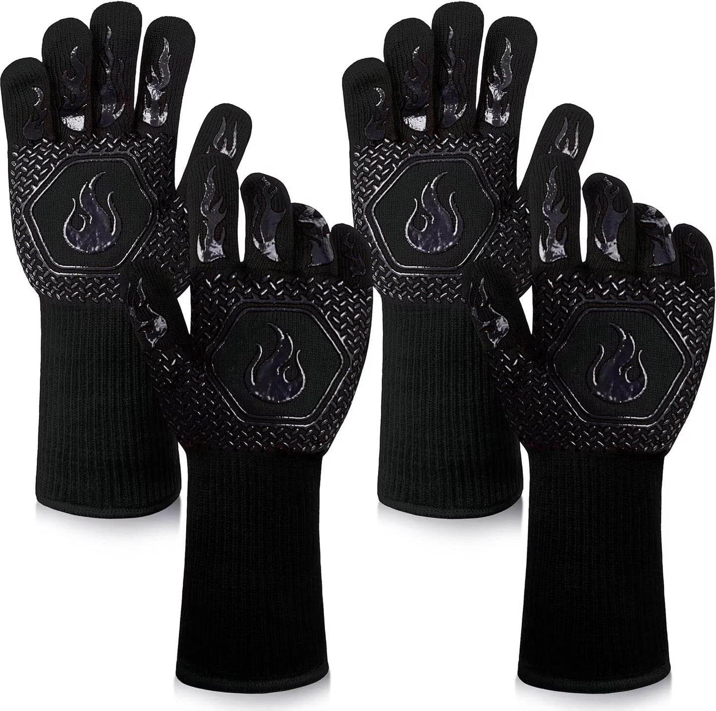 BBQ Fireproof Gloves, Grill Cut-Resistant Gloves 1472°F Heat Resistant Gloves, Non-Slip Silicone Oven Gloves, Kitchen Safe Cooking Gloves for Oven Mitts,Barbecue,Cooking, Frying, Black（2 Pairs）