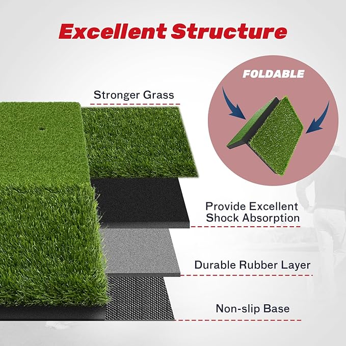 SAPLIZE Foldable Heavy-Duty Golf Hitting Mat, Practice Mat with 10mm EVA Rubber Backing, Larger Size for Indoor/Outdoor Swing and Chipping Practice, Anti-Deformation