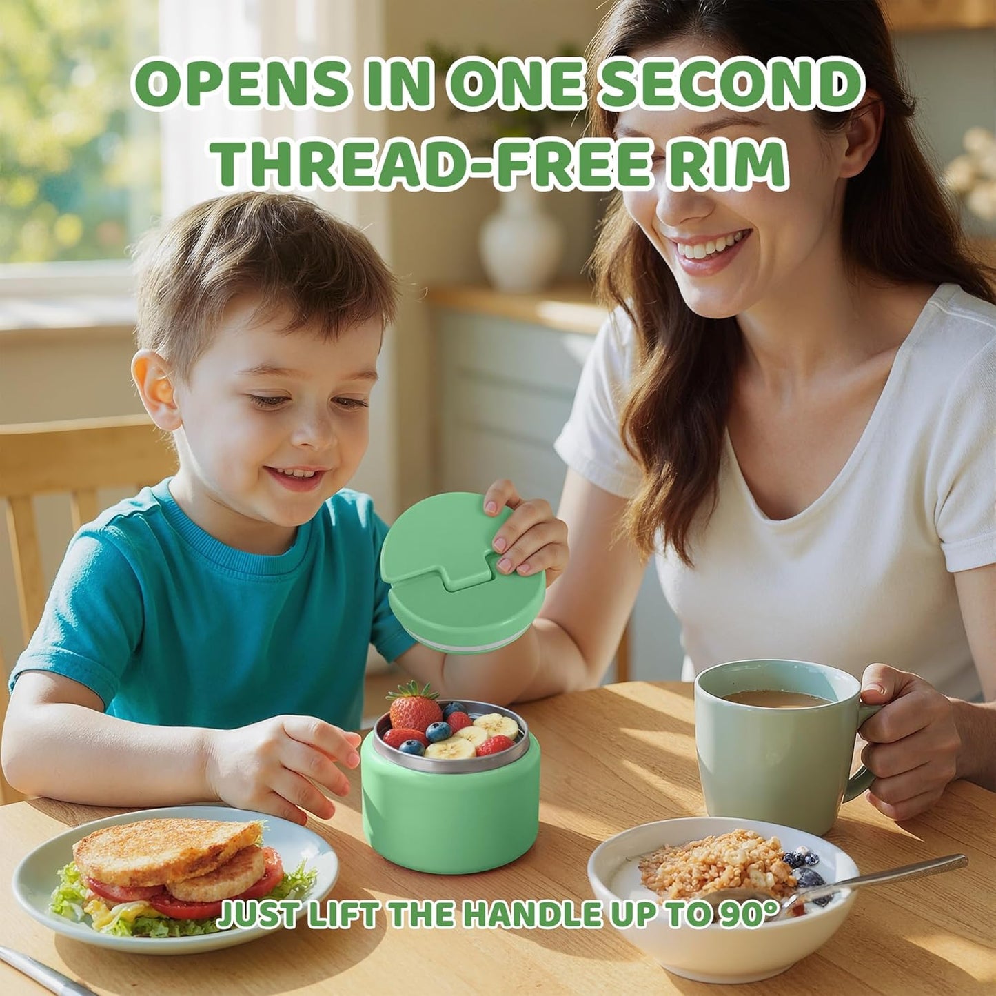 14.5oz Soup Thermo for Hot Food Kids Vacuum Insulated Food Jar Twist-Free Soup Thermo for Hot Food Kids Leakproof Stainless Steel Wide Mouth Lunch Container (Green)