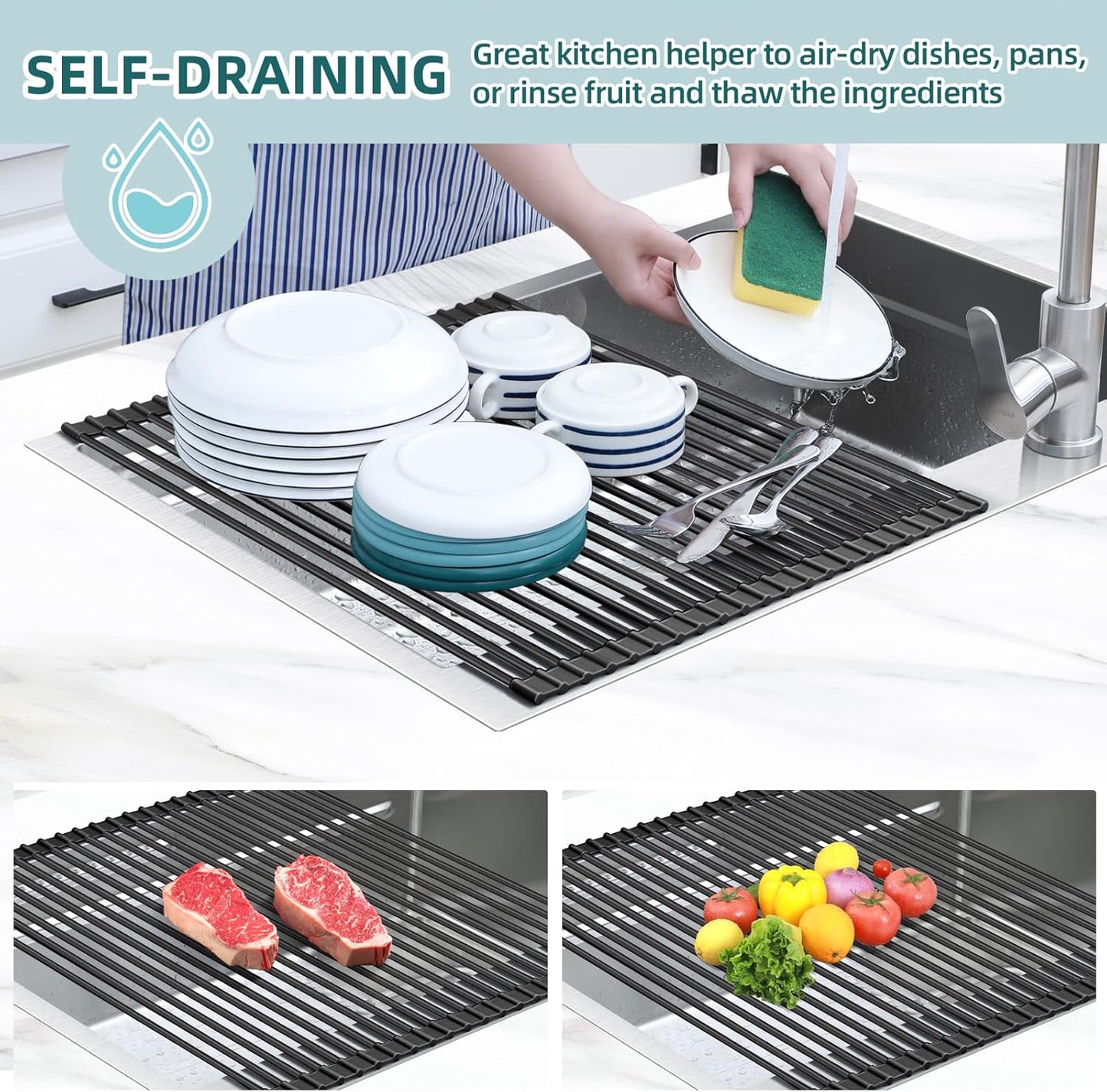 Ohuhu Sink Drying Rack, 20.5" W x 16.1" L Over Sink Roll-Up Dish Drainer - Rolling Foldable Accessories Heat-Resistant Mat Anti-Slip Silicone Coated Multipurpose for Kitchen Counter