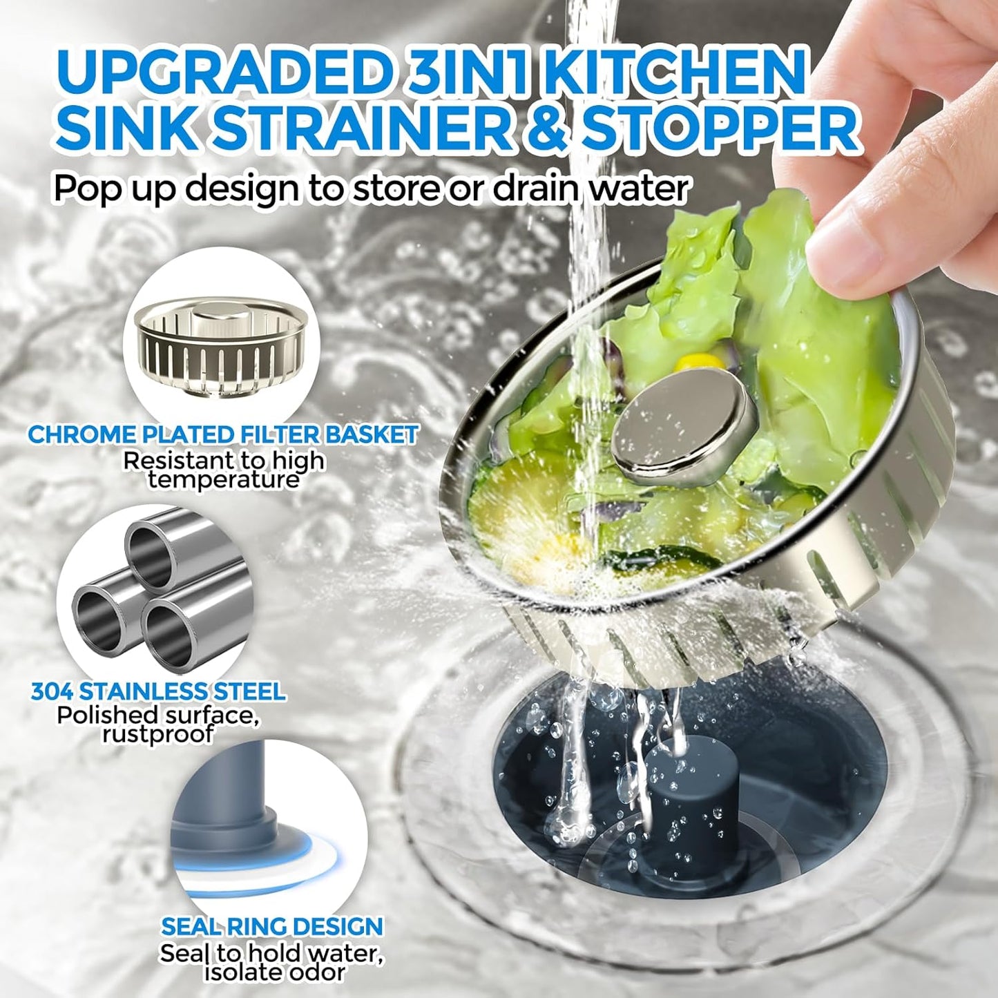 zaa Kitchen Sink Drain Strainer - Kitchen Sink Stopper, 304 Stainless Steel Sink Drain Stopper, Sink Protector for Kitchen with Anti-Clog Filter, Fit US Standard 3-1/2'' Sink Drain Hole, Nickel
