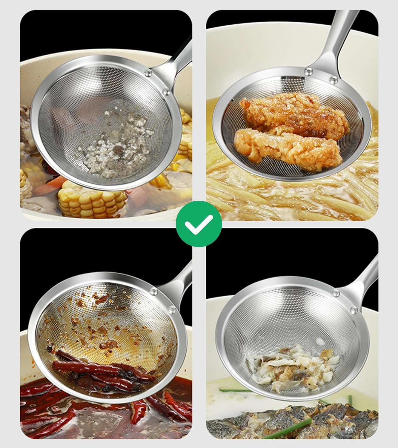 Filter Scoop Stainless Steel Fat Skimmer Spoon, Professional Skimmer Spoon Grease Filter Ladle, Oil Separator for Frying and Gravy, Commercial Kitchen Strainer (3.5 Inch & 4.3 Inch)