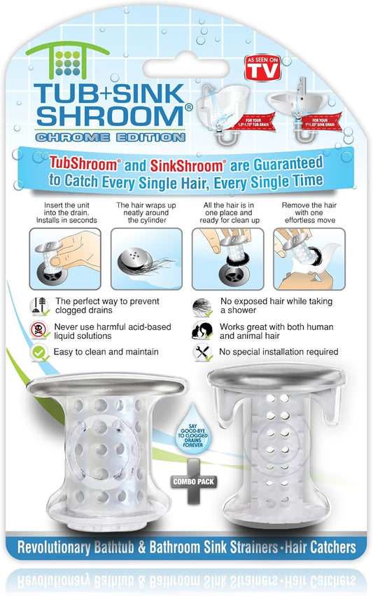 TubShroom and SinkShroom Drain Protectors Hair Catchers for Bathtubs and Sinks, Chrome