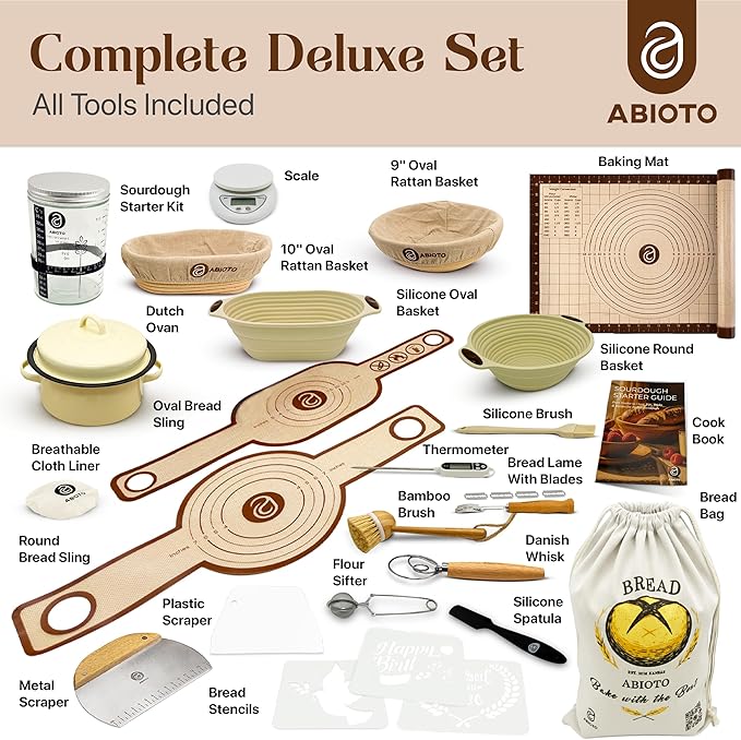 Sourdough Starter Kit with Dutch Oven and Scale - Complete Sourdough Kit with Proofing Baskets, 34oz Jar, Slings, and Other Premium Bread Making Tools - Perfect Baking Gifts for Women, Men, and Bakers