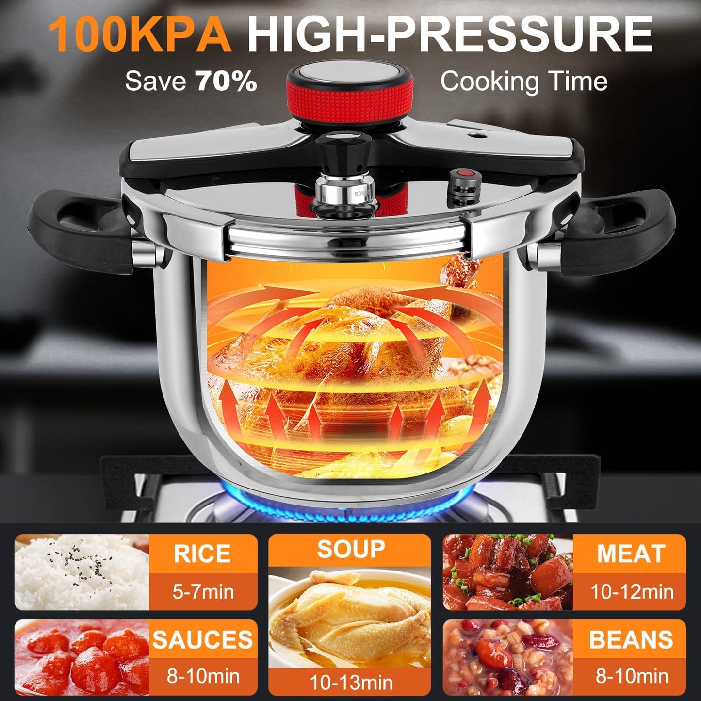 Pressure Cooker 10 QT, Stainess Steel Pressure Canner 10 Quart, Explosion-Proof Cookware, Rotating Lock/Unlock Lid, One-handed lid opening, Thickened Silicone Ring And Anti-scald Handle, Silver